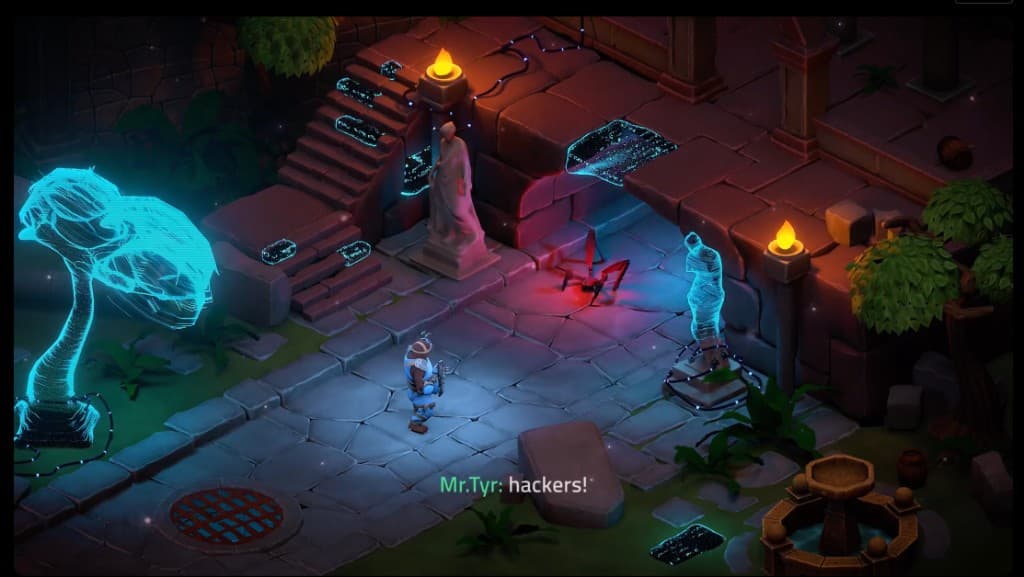 Chain Joes target art direction: isometric temple ruins with holographic enemies